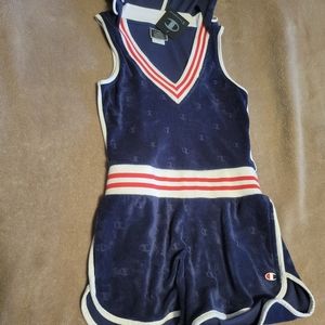 Blue Terry Champion Hooded Romper